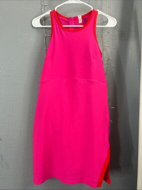 Sage Hot Pink Sleeveless Shift Dress with Red Trim